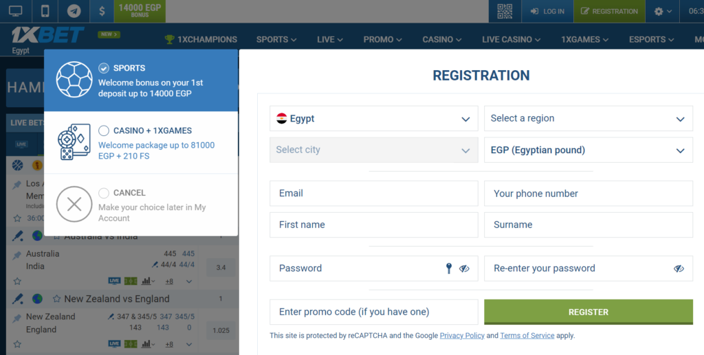 Options of 1xBet registration